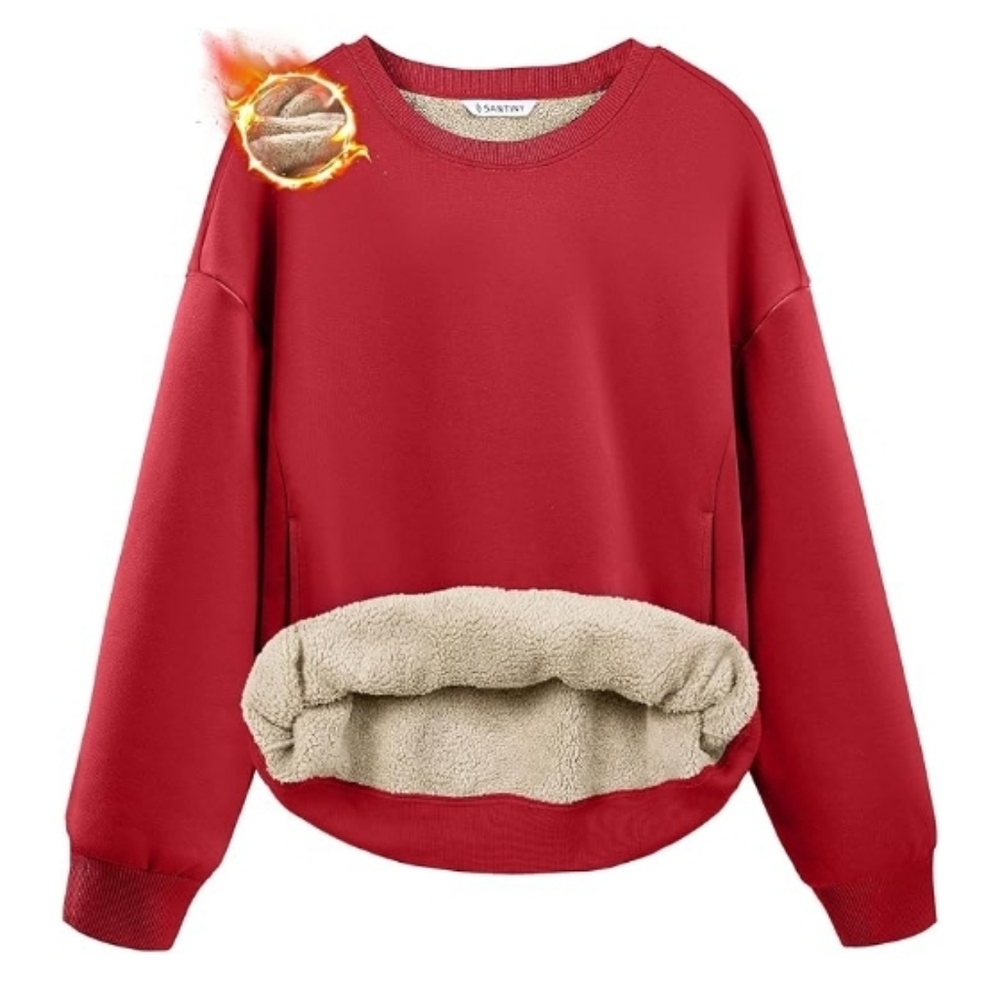 Fleece Sherpa Lined Warm Winter Pullover Crewneck Sweatshirt Red
